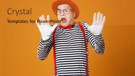  Presentation with mime - Amazing PPT layouts having sad-mime-in-red-hat backdrop and a gold colored foreground