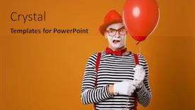  Presentation with mime - Amazing slide deck having sad-mime-man-in-vest backdrop and a gold colored foreground