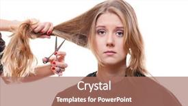  Presentation with hairdressing salon - Audience pleasing presentation theme consisting of sad model in hairdressing salon isolated on white background backdrop and a coral colored foreground