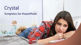  Presentation with woman sad - Slide set featuring sad mother - depressed young woman lying background and a sky blue colored foreground