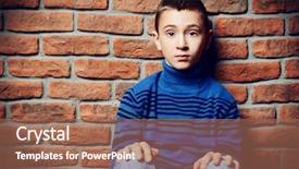  Presentation with sad children - Cool new PPT theme with sad nine year old boy backdrop and a coral colored foreground