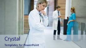  Presentation with female - Slide deck featuring sad nurse - thoughtful female doctor standing n background and a sky blue colored foreground