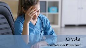  Presentation with medical assistant - Beautiful PPT theme featuring sad nurse - tired medical assistant in her backdrop and a teal colored foreground