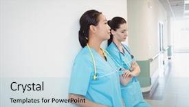  Presentation with sad - Slide deck with sad nurse leaning background and a light blue colored foreground