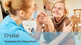  Presentation with geriatric - Cool new PPT layouts with comforted by a geriatric nurse backdrop and a light blue colored foreground