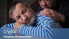  Presentation with old man - PPT theme consisting of sad-old-man-laid background and a teal colored foreground