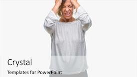  Presentation with pair of hands - Presentation theme featuring sad person - middle age senior hispanic woman background and a  colored foreground
