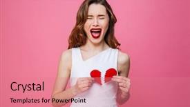  Presentation with broken heart - Presentation theme with sad person - photo of young screaming woman background and a coral colored foreground