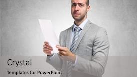  Presentation with document in clinical research - Amazing theme having sad person - worried businessman holding a document backdrop and a light gray colored foreground