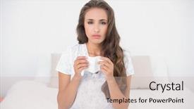  Presentation with tissue - Beautiful slide deck featuring sad pretty brunette holding a tissue in bright bedroom backdrop and a soft green colored foreground