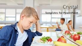  Presentation with sad - Presentation theme having sad-schoolboy-staring-at-food background and a soft green colored foreground