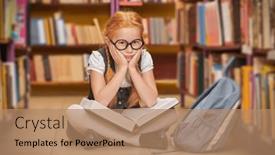  Presentation with sad children - PPT theme consisting of sad-schoolgirl-in-glasses background and a coral colored foreground