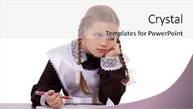  Presentation with school desk - Amazing presentation theme having sad schoolgirl sits at a school desk isolated on a white background backdrop and a light gray colored foreground