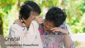  Presentation with women sad - Presentation theme with sad senior asian women background and a light gray colored foreground