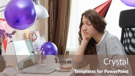  Presentation with virtual party - Audience pleasing PPT layouts consisting of sad-single-woman-celebrating backdrop and a violet colored foreground