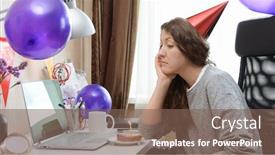  Presentation with virtual party - Cool new slide set with sad-single-woman-celebrating backdrop and a violet colored foreground