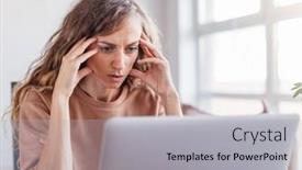  Presentation with sad woman - Presentation theme with sad-stressed-woman-looking background and a light gray colored foreground