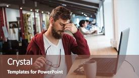  Presentation with tired - Colorful presentation theme enhanced with sad student - young handsome exhausted bearded man backdrop and a tawny brown colored foreground