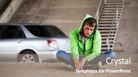  Presentation with sleepy yawning man driving car - Slide deck with wood runes handmade on an old wooden table esoteric subjects background and a gray colored foreground