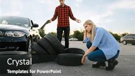  Presentation with tires - Amazing PPT theme having sad-student-against-downed-tires backdrop and a dark gray colored foreground