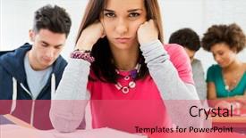  Presentation with homework - Cool new slide deck with sad student sitting in library backdrop and a coral colored foreground