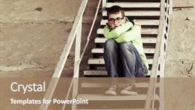  Presentation with business man climbs up to the top of 3d success stairs steps - Amazing slides having young man in depression sitting backdrop and a coral colored foreground