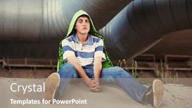  Presentation with sad teen - Cool new presentation theme with sad teen boy in depression sitting on the ground outdoor stylish fashion model in sweatshirt and blue jeans backdrop and a coral colored foreground