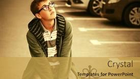  Presentation with sad teen - Amazing presentation design having sad teen boy in green hoodie sitting on railing backdrop and a yellow colored foreground