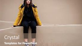  Presentation with sad girl - Slide deck with sad teenager girl in a jacket with a hood outdoors sitting on the parapet real people every day life background and a coral colored foreground