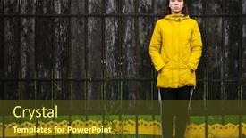  Presentation with sad girl - PPT layouts featuring sad teenager girl in a yellow jacket stands at the old grunge wooden fence background and a tawny brown colored foreground