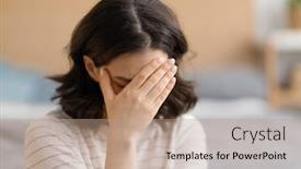  Presentation with woman sad - Slide deck having sad-tired-young-woman background and a coral colored foreground