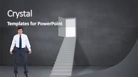  Presentation with open door - Theme with sad tradesman showing his empty pockets against open door at top of steps background and a dark gray colored foreground