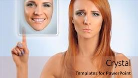  Presentation with happy sad mask face - PPT theme enhanced with sad woman choosing happy face background and a coral colored foreground