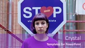  Presentation with stop domestic violence - Presentation design consisting of sad-woman-in-front background and a violet colored foreground