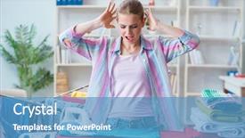  Presentation with ironing - PPT theme having sad woman ironing clothing background and a teal colored foreground