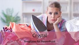  Presentation with ironing - PPT theme featuring sad woman ironing clothing background and a coral colored foreground