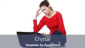  Presentation with woman sad - Amazing theme having pornography - sad woman looking on laptop backdrop and a ocean colored foreground