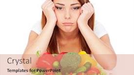  Presentation with woman sad - PPT layouts featuring sad woman sitting near plate with vegetables and tired from diet background and a coral colored foreground