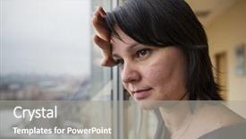  Presentation with old people - Slides enhanced with sad women - 35 year old woman stands background and a gray colored foreground