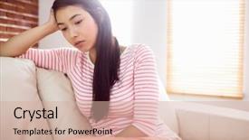  Presentation with women sad - Amazing PPT layouts having sad women - upset asian woman on couch backdrop and a soft green colored foreground