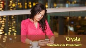  Presentation with restaurant - Slide set consisting of sad women - woman with smartphone and coffee background and a tawny brown colored foreground