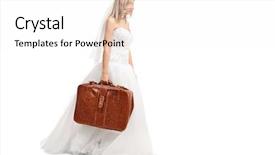  Presentation with wedding white - Amazing presentation theme having sad young bride in a white wedding dress walking and holding a brown suitcase isolated on white background backdrop and a white colored foreground