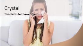  Presentation with tissue - Presentation consisting of sad young brunette holding tissue and mobile phone in bright living room background and a lemonade colored foreground