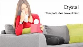 Presentation with tissue - Slide deck enhanced with sad young female seated on a sofa wiping her eyes from crying with tissue isolated on white background background and a white colored foreground