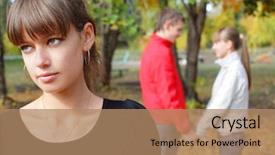  Presentation with sad woman - PPT theme enhanced with sad young woman against happiness background and a coral colored foreground