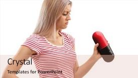  Presentation with woman sad - Amazing presentation design having sad young woman looking at a big pill isolated on white background backdrop and a coral colored foreground