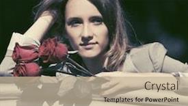  Presentation with light roses - Slide deck enhanced with sad young woman with red roses leaning on railing stylish fashion model in light grey blazer outdoor background and a mint green colored foreground