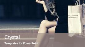  Presentation with outdoor mall - PPT theme having sad young woman with shopping bags at the mall window female fashion model in black coat outdoor background and a gray colored foreground