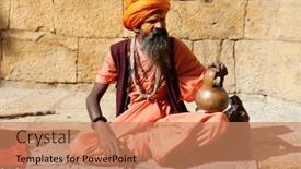  Presentation with old india - Amazing PPT theme having sadhu-people-in-old-town backdrop and a coral colored foreground