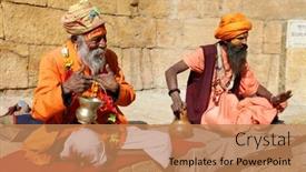  Presentation with old india - Beautiful presentation theme featuring sadhu-people-in-old-town backdrop and a coral colored foreground